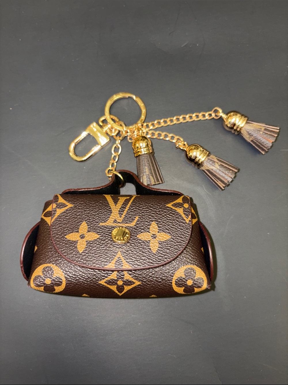 Monogram Pattern Brown Leather Key/Coin Holder with Tassel Charms